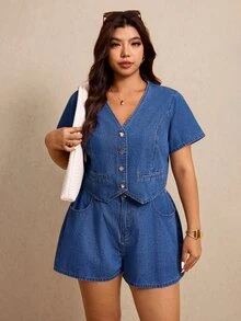 Elaquor 大尺碼女款單排扣短袖牛仔襯衫與牛仔短褲休閒套裝 - 深色水洗藍 - 查看 8