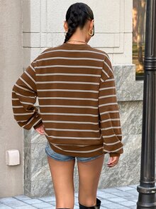 Muchica 女款條紋休閒百搭日常穿著長袖運動衫 - 咖啡棕 - 查看 2