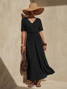 Zivah Spring/Summer New Casual Vacation Solid Color Knot Dress - Black - View 3