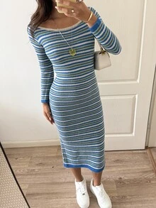 Strévra Women's Striped Colorblock Casual Everyday Knit Dress Fall - Blue - View 3