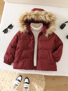 SHEIN Young Boy Plush Patchwork Solid Color Zipper Casual Versatile Winter Padded Coat - Burgundy - View 3