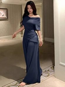 DAZY 女款純色針織大領口收腰上衣與寬腿睡褲家居服套裝 秋季 - 藏蓝色 - 查看 5
