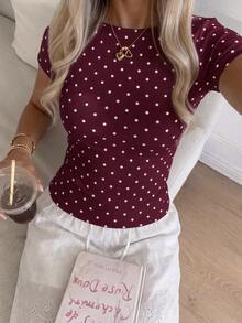 CovetEZ Casual Minimalist Sexy Cold Shoulder Burgundy Polka Dot Short Sleeve T-Shirt, Suitable For Spring And Summer, Spring And Summer Outfit Matching, Burgundy Polka Dots Make You Look Fairer - Multicolor - View 6