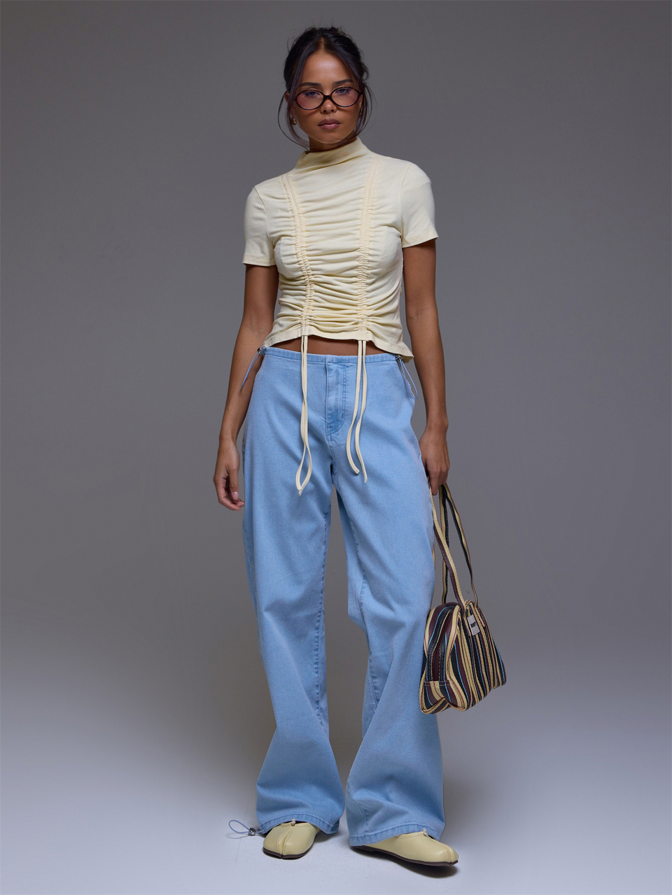 Yellow Ruched High Funnel Neck Top