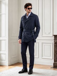 Core Aspect Mantel Trench Pria Berkancing Ganda Warna Biru Tua Musim Gugur yang Elegan dan Bergaya, Jaket Longgar Warna Polos Panjang Sedang - Navy Blue - View 5