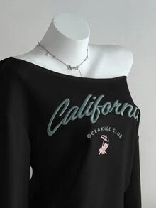 Elamini 女款不對稱領字母刺繡寬鬆休閒街頭風衛衣，適合秋季 Y2K 風格穿搭旅行，黑色與粉色 - 黑色 - 查看 4