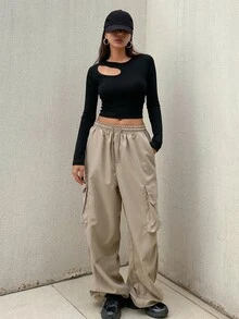DAZY 女款素色休閒百搭日常長袖T恤 - 黑色 - 查看 2