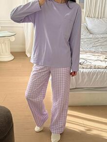 DAZY 女款寬鬆休閒短袖兩件式居家服套裝 - 紫色 - 查看 3