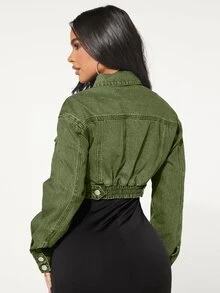 SHEIN SXY 女款時尚鈕扣長袖短版牛仔夾克 - 軍綠色 - 查看 3
