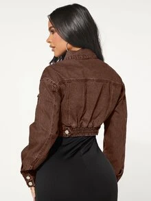 SHEIN SXY 女款時尚單排扣長袖短版牛仔夾克 - 摩卡棕 - 查看 3