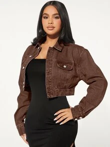 SHEIN SXY 女款時尚單排扣長袖短版牛仔夾克 - 摩卡棕 - 查看 2