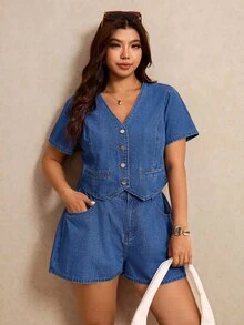 Elaquor 大尺碼女款單排扣短袖牛仔襯衫與牛仔短褲休閒套裝 - 深色水洗藍 - 查看 9