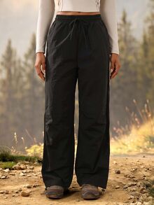 Exploreva Women's Solid Color Loose Waist Tie Outdoor Long Pants - Black - View 6