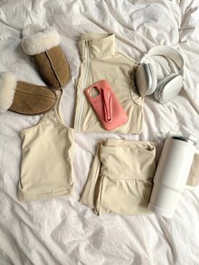 CovetEZ 女款純色細肩帶背心、長袖外套與長褲休閒日常運動套裝 - 杏色 - 查看 5