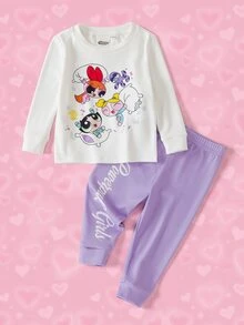 THE POWERPUFF GIRLS X SHEIN 女嬰卡通印花修身居家服 - 淡紫色 - 查看 1