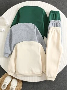 SHEIN 小男孩英文字母印花圓領長袖套頭運動衫與鬆緊腰長褲6件套 - 彩色 - 查看 2