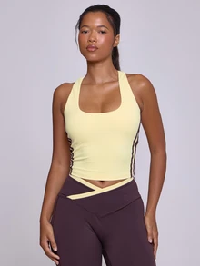 Musera Sport Scoop Front Contrast Colour Striped Panel Butter Yellow Racer Back Tank Top Workout Gym Cute Pilates Fitness Daily Fall Winter - Butter Yellow - View 1