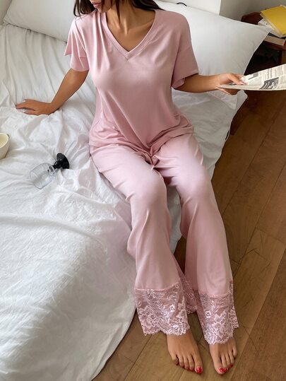 DAZY 2pcs/Set Women's V-Neck Short Sleeve T-Shirt & Lace Patchwork Straight Leg Long Pajama Pants Sleepwear Set
