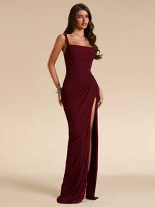 SHEIN BAE Spring/Summer Solid Sage Green Women's Strapless Ruched Fitted High Slit Ruched Maxi Mesh Dress, Tight Elegant Dress, Flowy Dress, Suitable For Vacation, Beach, Bridesmaid, Wedding, Spring/Summer Wear - Burgundy - View 6
