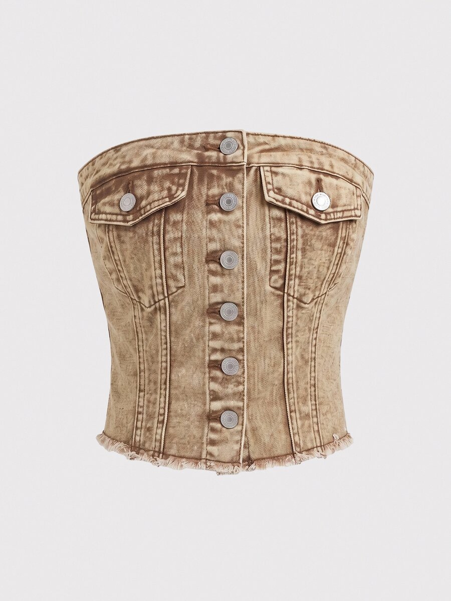 SHEIN MOD 女款單排扣休閒百搭日常穿搭牛仔抹胸上衣 - 摩卡棕 - 查看 1