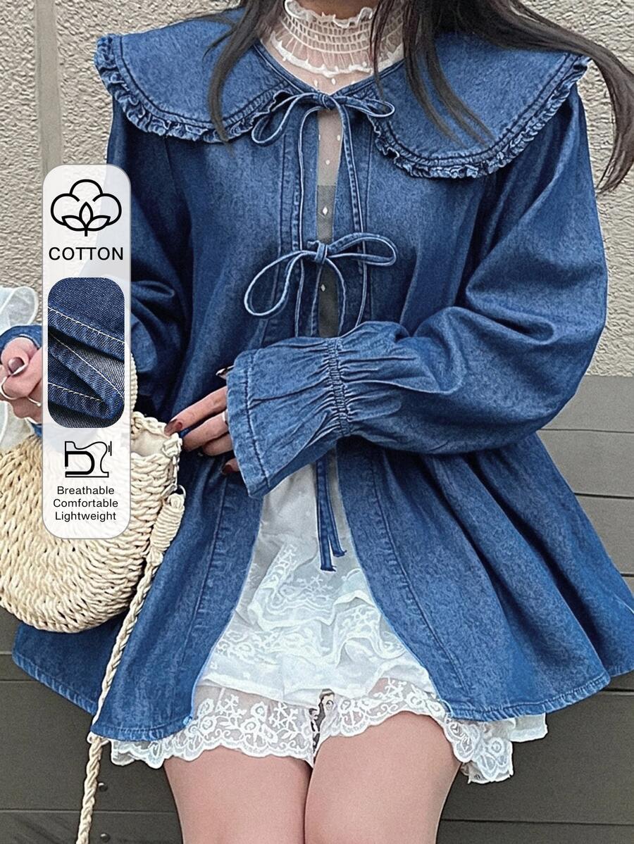 FRIFUL Women's Korean Style Fashion Tie-Up Bell Sleeve Denim Top Fall - Medium Wash - View 1