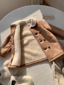 SHEIN 男女嬰兒/幼兒秋冬保暖內裡加厚翻領麂皮外套夾克，嬰兒冬季外套，保暖加厚填充外套 - 卡其色 - 查看 1