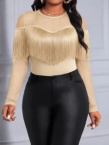 SHEIN Lady 大尺碼女款流蘇設計休閒日常長袖T恤 - 杏色 - 查看 2