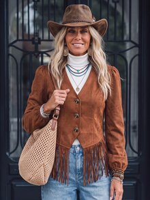 SHEIN LilyWest Standard Size Women's Brown Suede Fringe Jacket, Vintage V-Neck Short Lightweight Coat - Brown - View 5