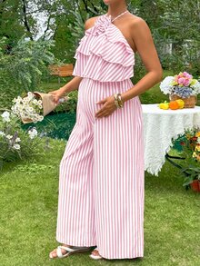SHEIN Maternity Striped Floral Decor One-Piece Long Pants - Pink - View 5