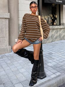 Muchica 女款條紋休閒百搭日常穿著長袖運動衫 - 咖啡棕 - 查看 5