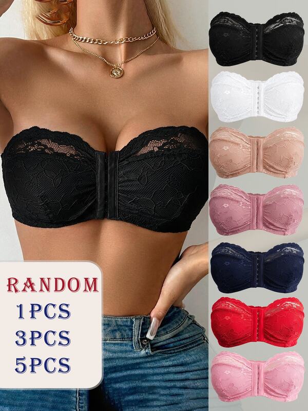 SHEIN Random:1pc/3pcs/5pcs Wireless No Padding Lace Patchwork Bandeau Front Closure Bra For Women