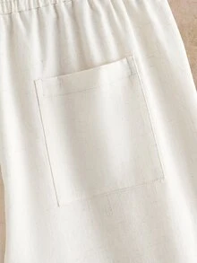 HIMLAND 2件組男士夏季棉滌混紡刷毛條紋休閒短袖襯衫與寬鬆舒適亞麻長褲 - 彩色 - 查看 4