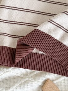 SHEIN 嬰兒/幼兒（男孩）卡其棕條紋毛衣，翻領、長袖、拼色設計，適合春季、秋季、冬季及秋冬季節 - 卡其色 - 查看 6