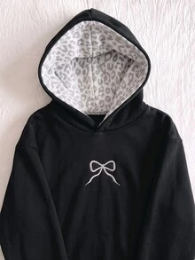 SHEIN 青少年女孩休閒街頭風抓絨豹紋帽子，適合校園與日常穿著的衛衣 - 黑色 - 查看 4