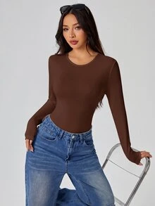 SHEIN PETITE 純色長袖修身白色T恤連身褲 - 棕色 - 查看 2