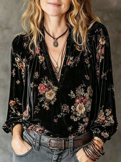 SHEIN بلوزة نسائية بطبعة فرنسية عتيقة، تصميم رقبة V صغيرة، أكمام طويلة، فضفاضة، ملابس كاجوال أنيقة