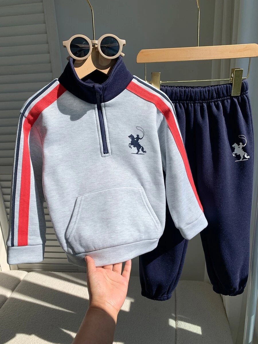 SHEIN 2件組兒童小男孩秋冬條紋圓領長袖套頭運動衫與慢跑褲套裝,立領運動衫套裝,男孩運動套裝,秋冬套裝 - 彩色 - 查看 1