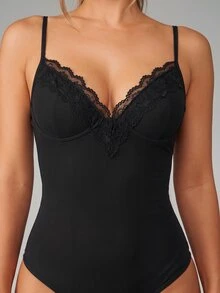 Radiana Sexy Elegant Unique Black Lace Trim Patchwork Camisole Corset, Built-In Bra Top, Corset, All-Match Versatile Top, With Padding - Black - View 7