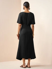 Zivah Spring/Summer New Casual Vacation Solid Color Knot Dress - Black - View 2