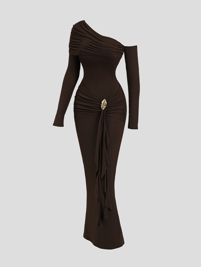 Sweetra Minimalist Sexy Vintage Autumn Long Sleeve Brown Asymmetrical Shoulder Design Asymmetrical Fitted Ruched Bodycon Dress With Metal Buckle Accents American Sexy Hot Girl Style Women's Dress