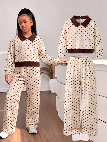 (Niña joven) Conjunto de 2 piezas con lunares: Top con base beige y lunares marrones, mangas largas, cuello grande de contraste marrón oscuro, dobladillo falso en capas; Pantalones de pierna ancha con lunares y tela a juego, adecuado para escuela diaria, paseos por el vecindario, viajes cortos, ocio en casa, visitar amigos y familia, sesiones de fotos al aire libre, conjunto completo, otoño/invierno