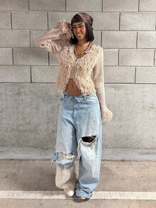 StreetHx Women's Autumn Fashion Tassel Patchwork Cardigan - Dusty Pink - View 1
