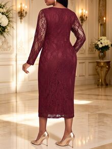 Fleurora Plus Size Women's V-Neck Lace Metallic Floral Decor Slit Design Party Dress - Burgundy - View 2