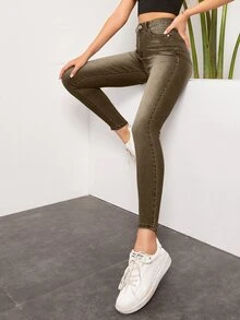 SHEIN Essnce 女款休閒百搭日常旅行牛仔長褲，附口袋與鈕扣設計 - 咖啡棕 - 查看 1