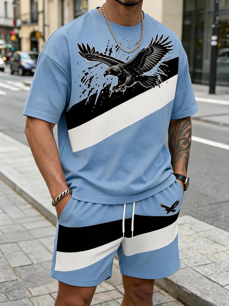 Sorvial Men's Beast Print T-Shirt And Drawstring Waist Shorts Casual Set