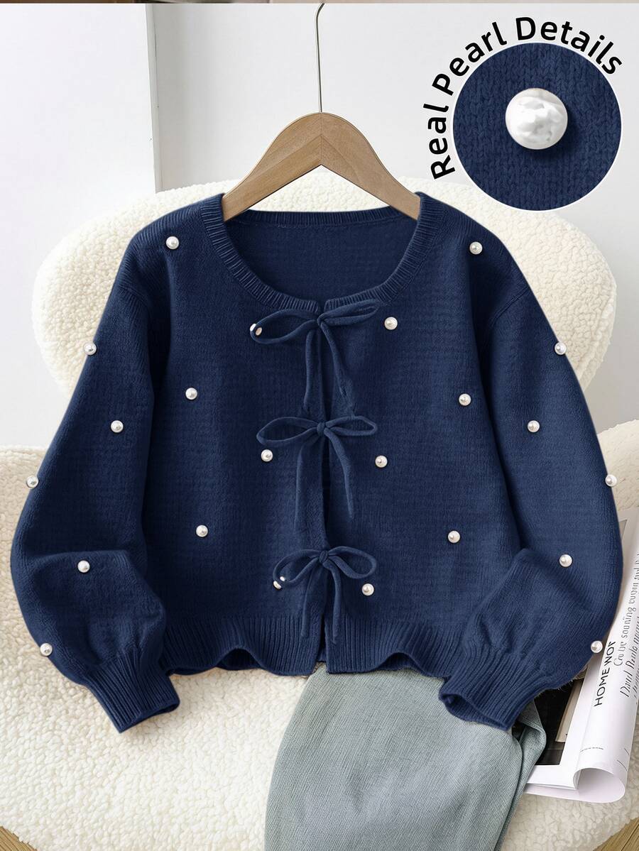 SHEIN 少女寬鬆休閒極簡舒適圓領長袖蝴蝶結串珠開襟衫,秋季返校季 - 藍色 - 查看 1