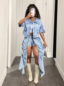Slaydiva Women's Single-Breasted Casual Daily Denim Top - Blue - View 6