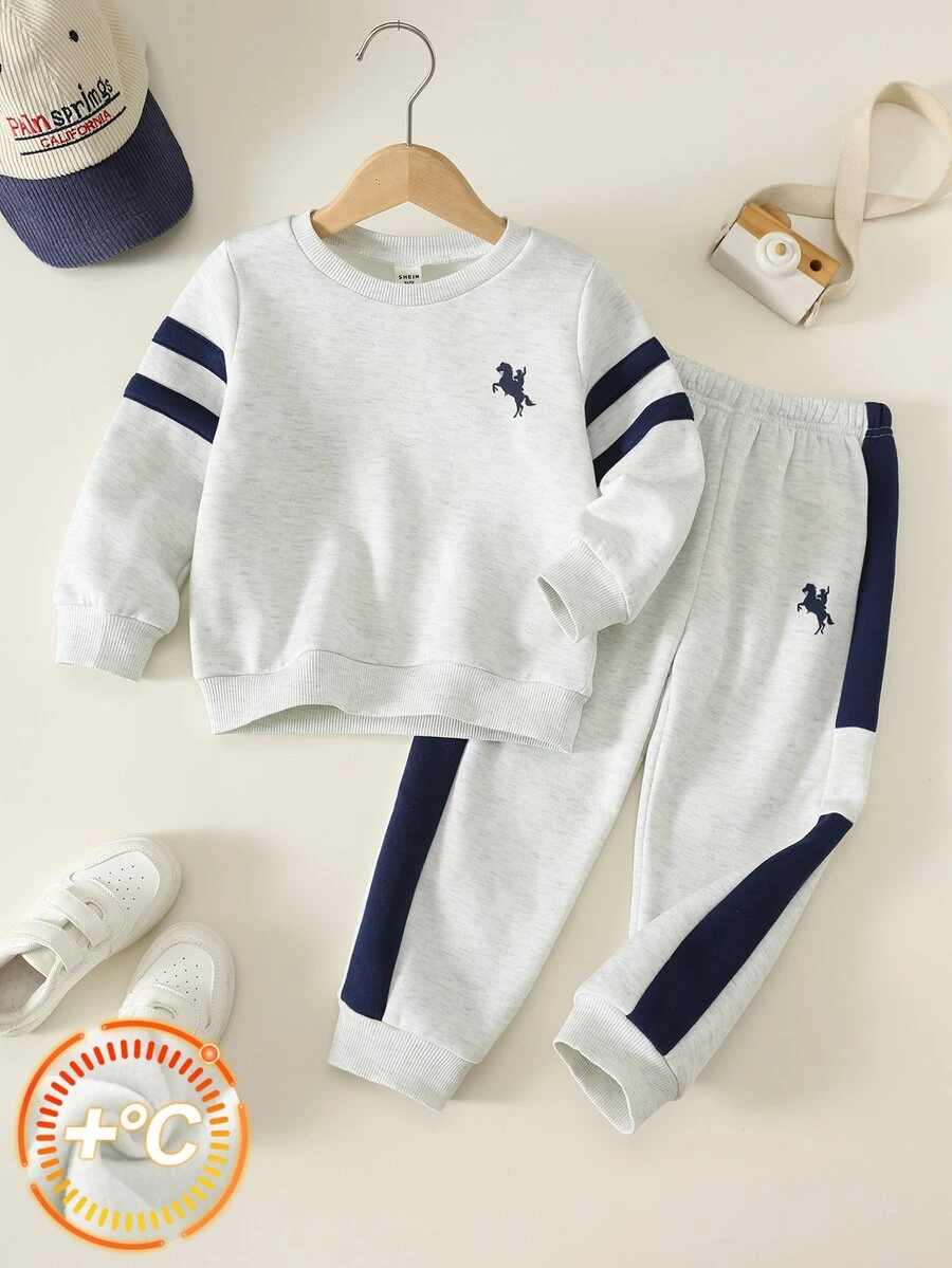 SHEIN Young Boy Colorblock Crew Kids Neck Long Sleeve Pullover Sweatshirt And Elastic Waist Long Autumn Pants 2 Pieces Set - Multicolor - View 1