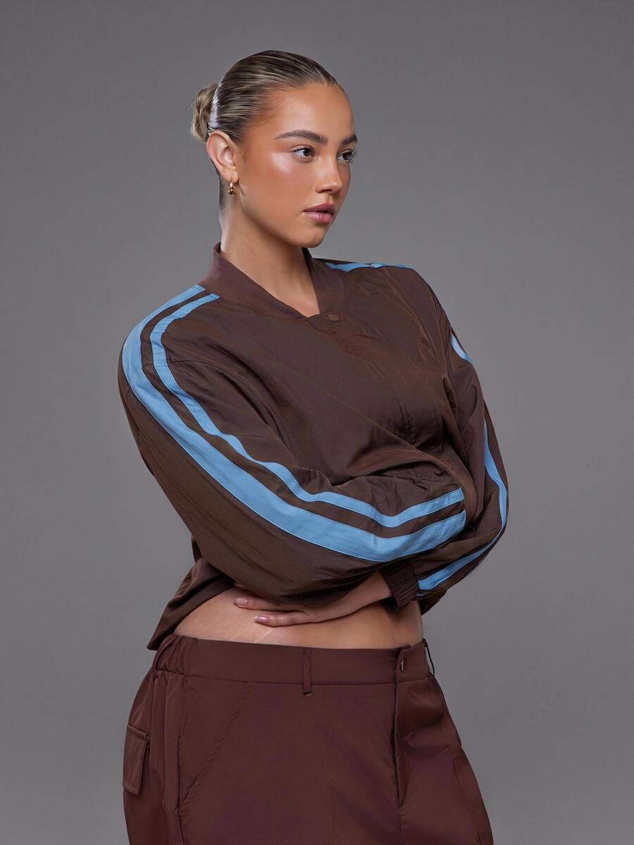 Voyena Women's Plus Size Color Block Striped Sports Jacket - Coffee Brown - View 1