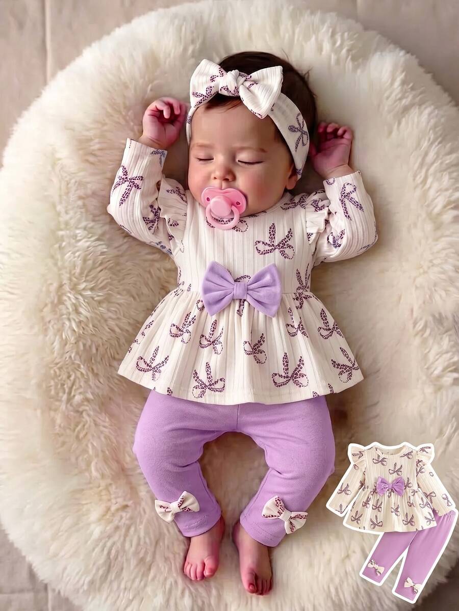 SHEIN Vintaside Kids 2件組新生女嬰杏色蝴蝶結豹紋圓領長袖荷葉袖抓絨內裡羅紋軟布料T恤+彈性腰休閒粉色長褲,可愛時尚韓風甜美套裝,適合秋冬日常穿著、旅行、度假、派對及其他室內/戶外場合 - 紫色 - 查看 1